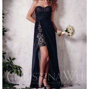 Strapless black lace dress